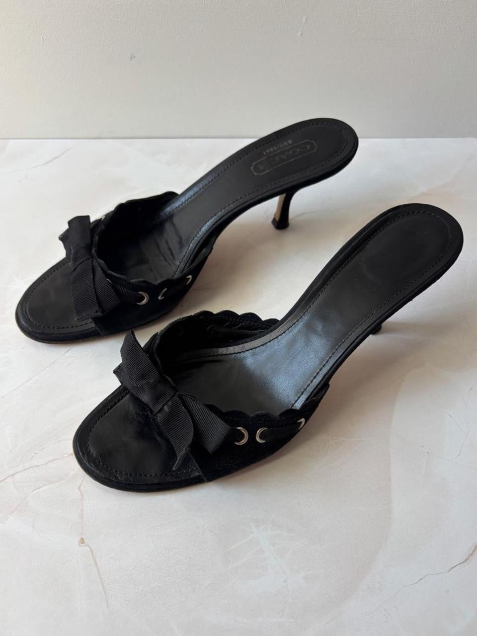 Coach US 9.5 Black Suede Open Toe Kitten Heel Mule