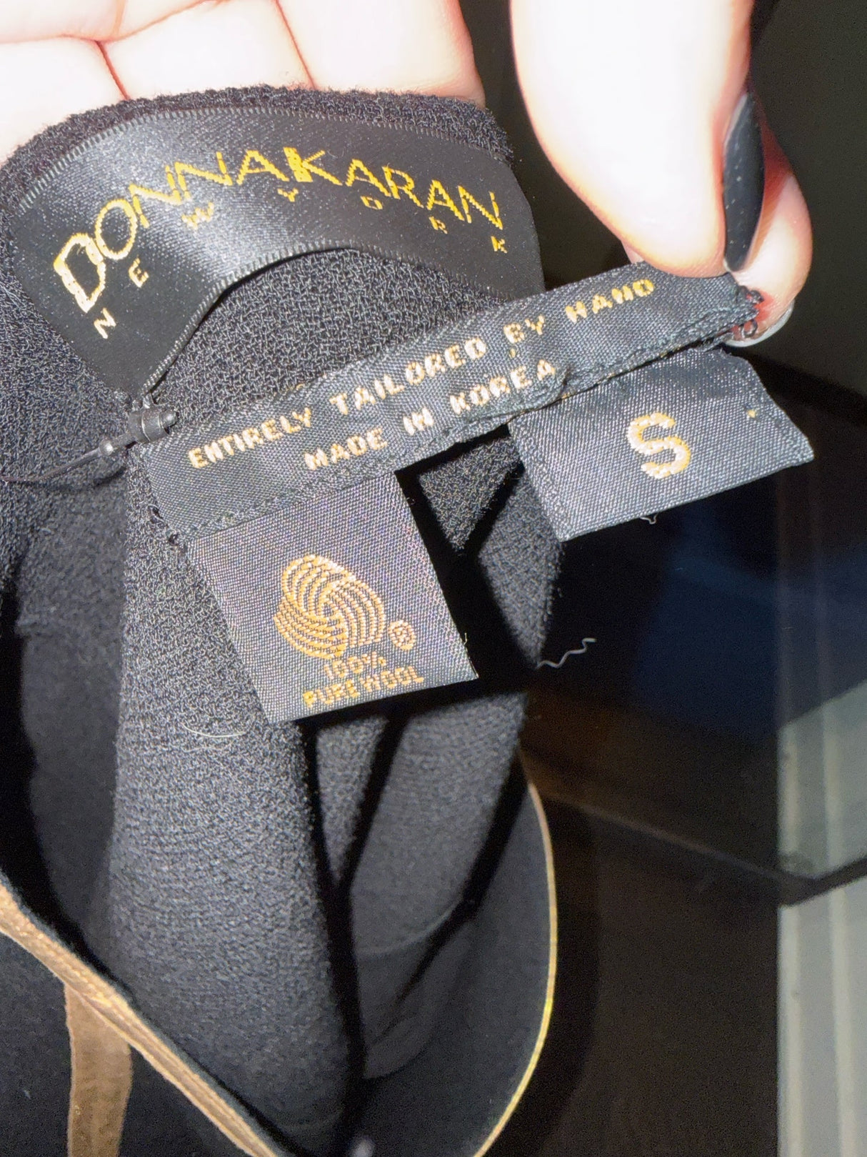 Donna Karan Black Wool Crepe Gold Leather Trim Dress