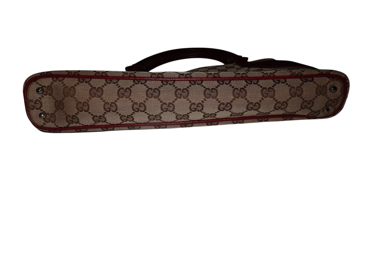 Gucci monogram shoulder bag with burgundy leather detail