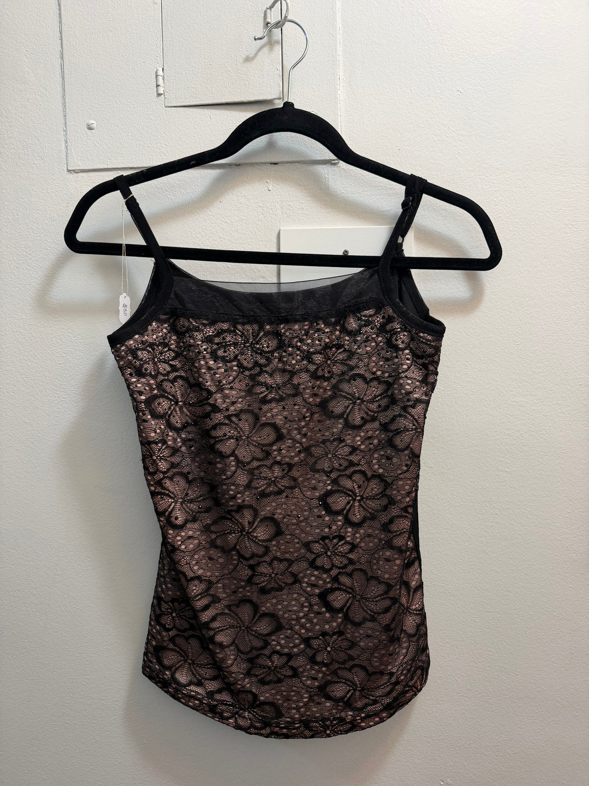 Sheer pink tank with rhinestones and black flowers