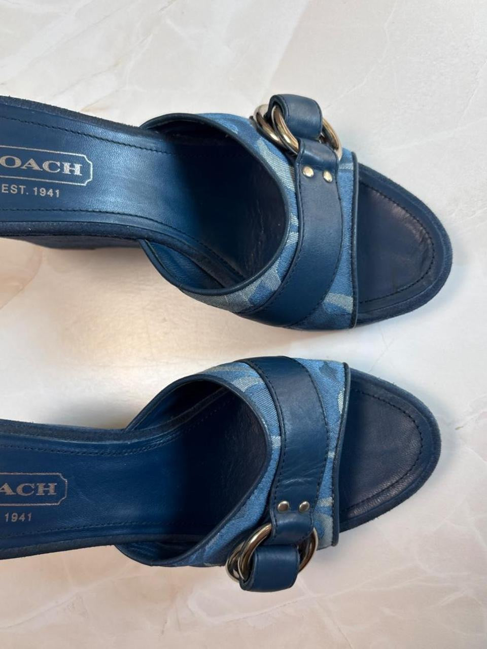 Coach US 6.5 Blue Monogram Canvas Wedge Slide Sandal