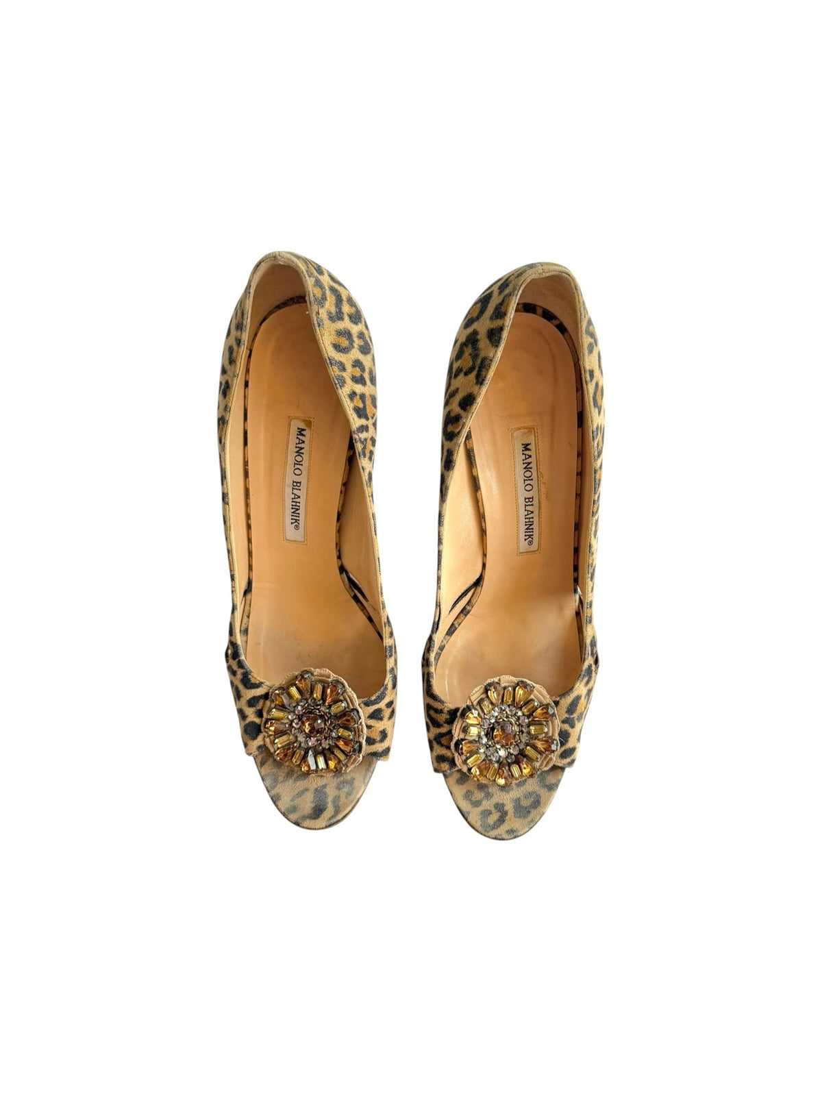 Manolo Blahnik leopard suede open toe heels with crystal flowers (41)