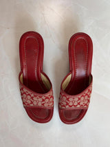 Coach US 7 Red Signature C Monogram Canvas Open Toe Platform Wedge Slide