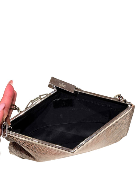 Gucci tan lizard skin clutch with silver chain strap