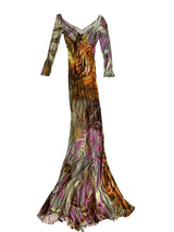 Roberto Cavalli maxi dress with tiger print and purple tones