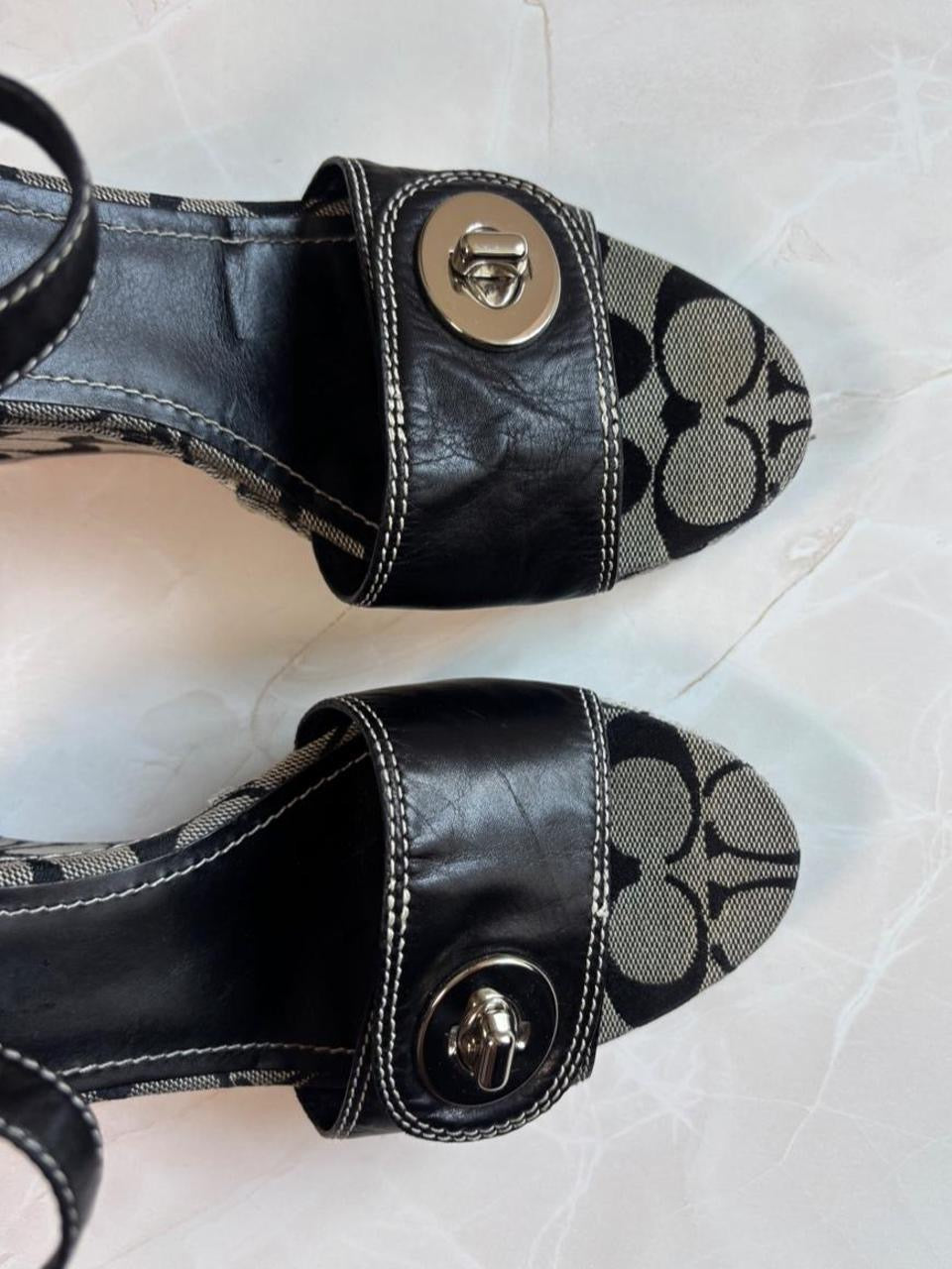 Coach US 9.5 Signature Canvas Wedge Sandal with Ankle Strap