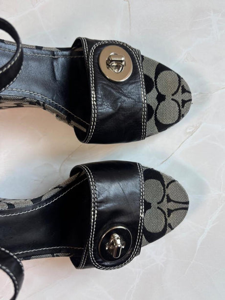 Coach US 9.5 Signature Canvas Wedge Sandal with Ankle Strap