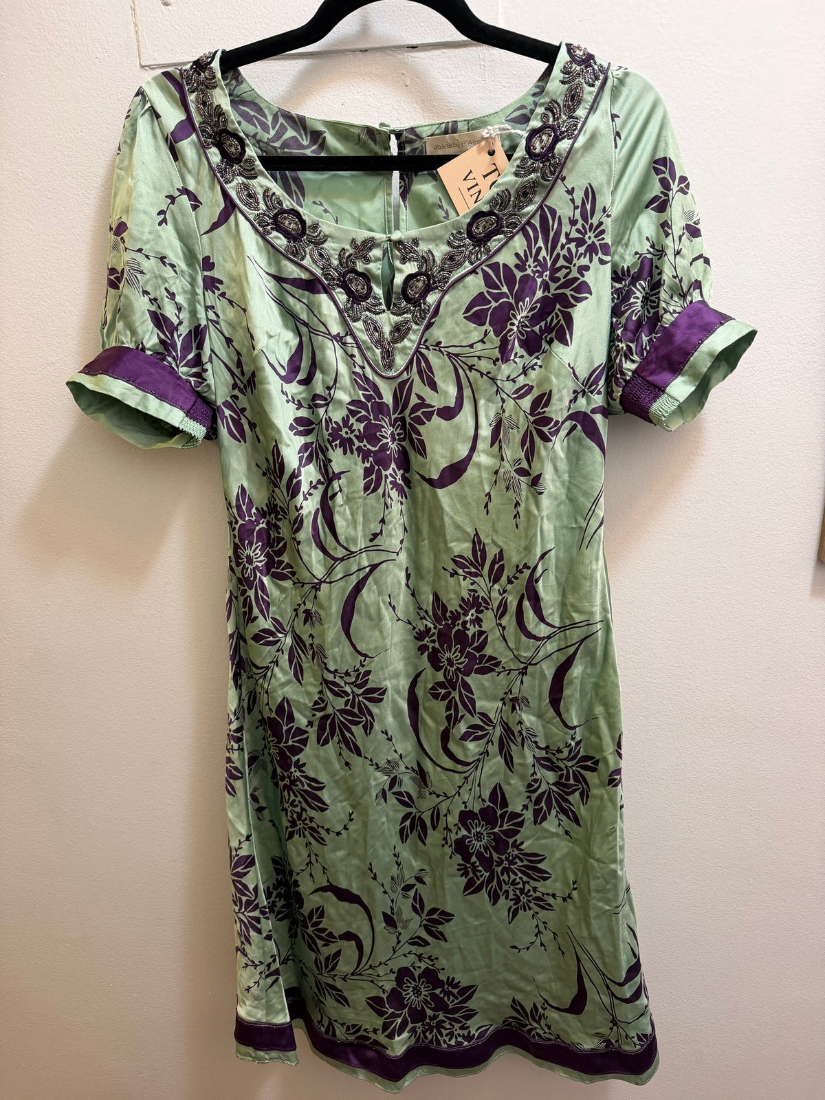 Mint + purple silk dress with beaded embroidery - TUV #5678901