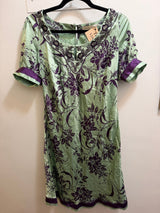 Mint + purple silk dress with beaded embroidery - TUV #5678901