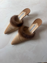 Manolo Blahnik EU 39.5 Tan Pony Hair Fur Trim Pointed Toe Kitten Heel Mule