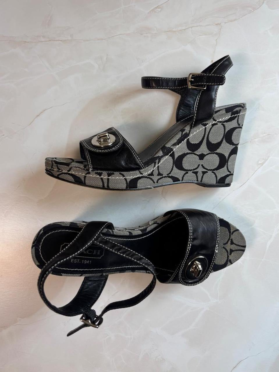 Coach US 9.5 Signature Canvas Wedge Sandal with Ankle Strap