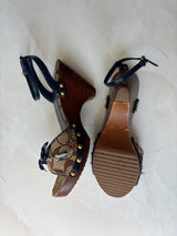 Coach US 9 Tan/brown Monogram C Canvas Open Toe Wooden Wedge