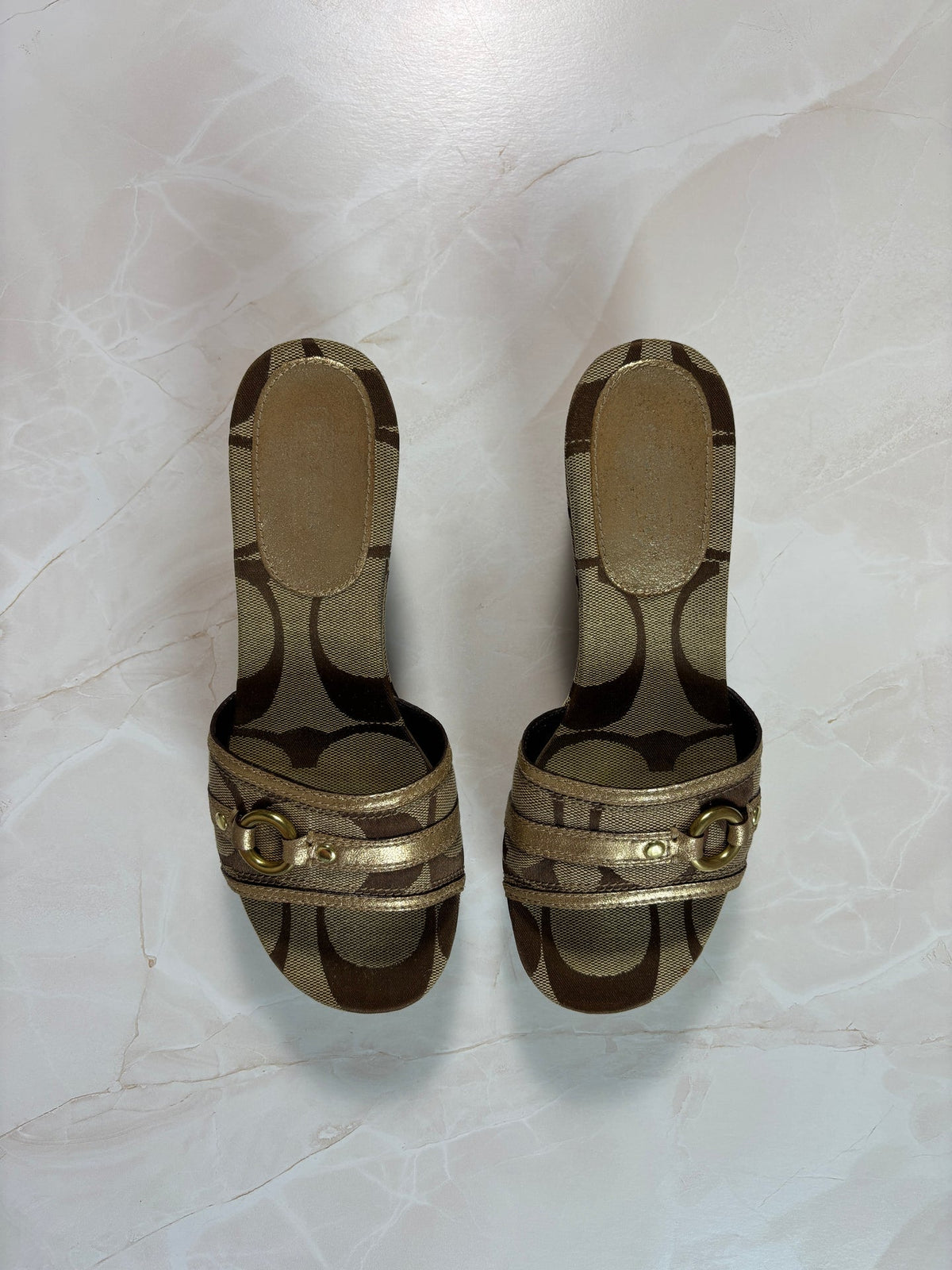 Coach US 7.5 Tan and Brown Monogram Canvas Open-toe Wedge Slide