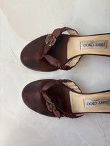 Jimmy Choo EU 39.5 Brown Leather Braided Thong Kitten Heel Sandal