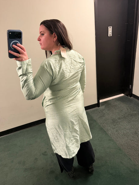 Mint silk tunic with pink flowers - TUV #256789