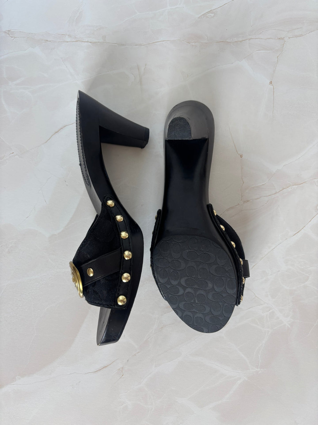 Coach US 8 Black Fabric and Leather Block Heel Mule