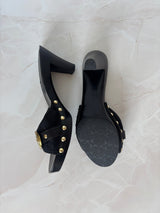 Coach US 8 Black Fabric and Leather Block Heel Mule