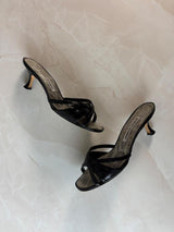Manolo Blahnik EU 37.5 Black Leather Crossover Strap Open Toe Kitten Heel Mule