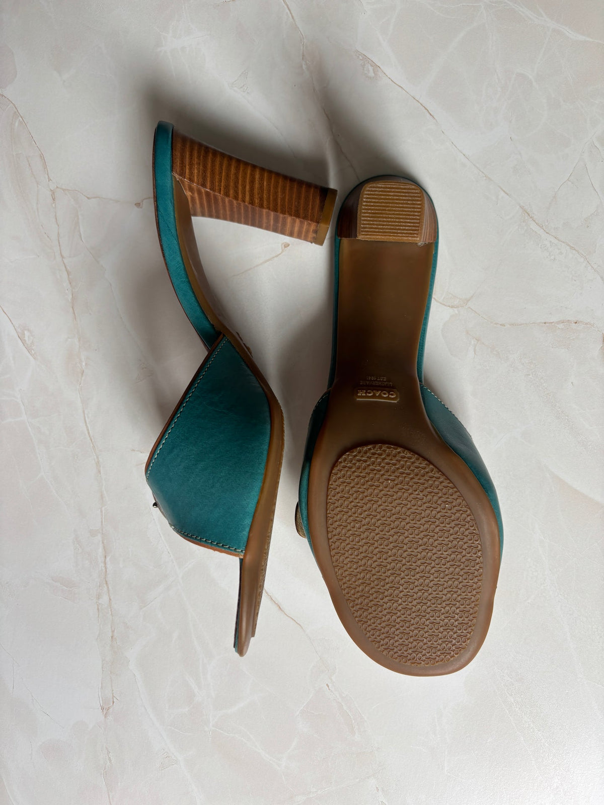 Coach US 11 Teal Leather Buckle Slide Sandal