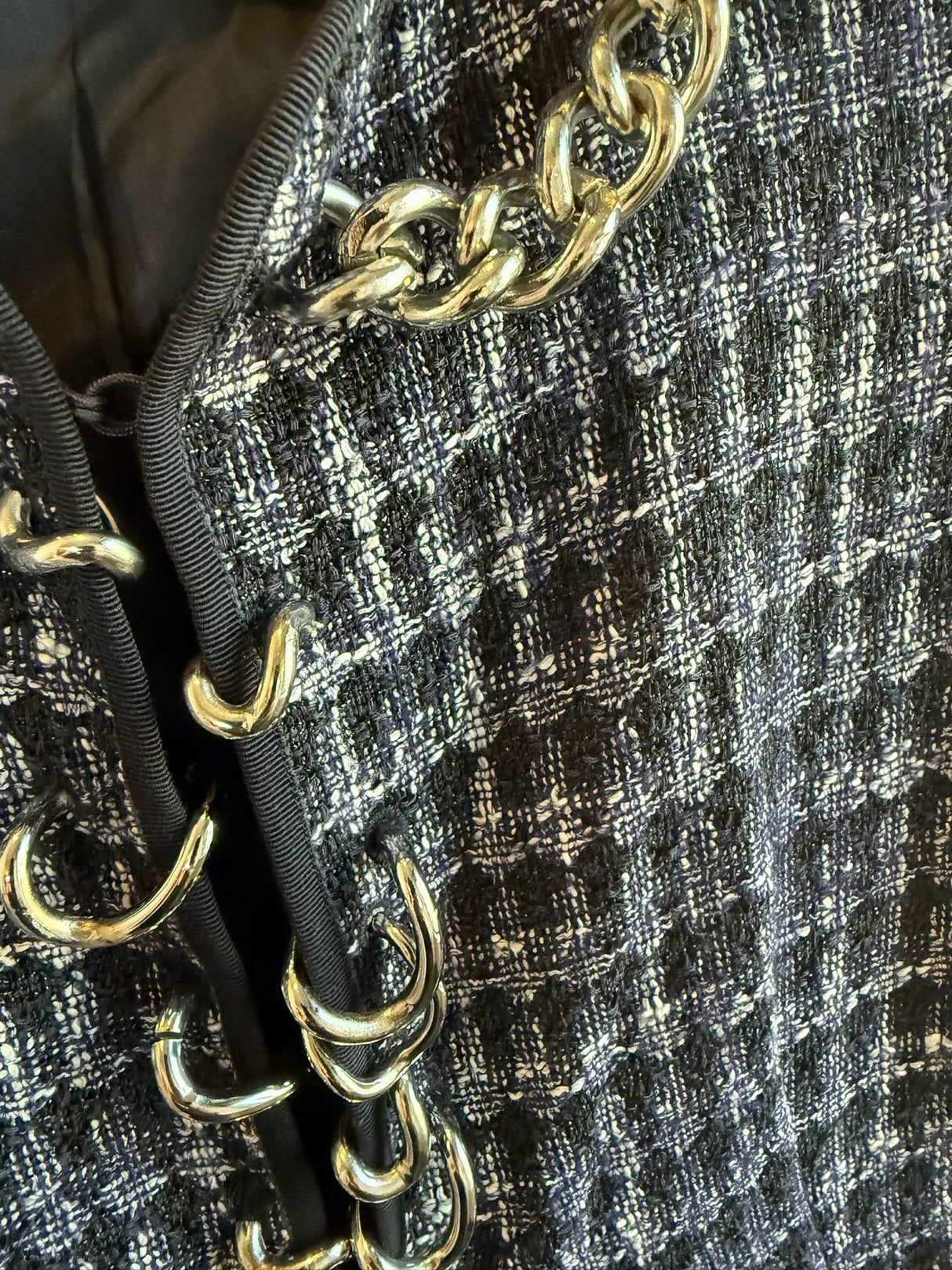 Moschino Navy & White Houndstooth Silver Chain Link Jacket