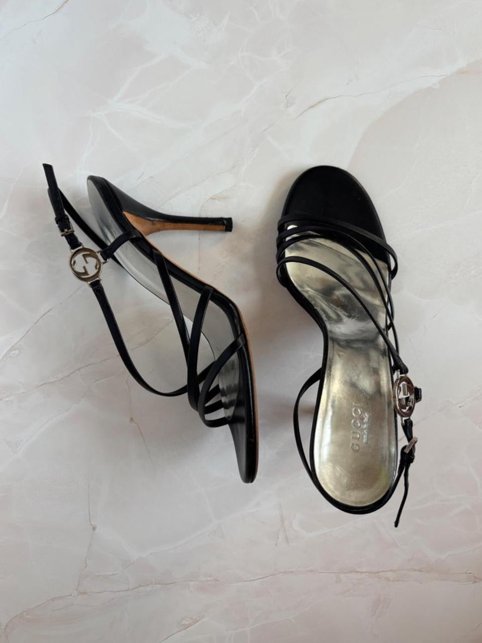 Gucci EU 38.5 Black Leather Strappy Slingback Sandal