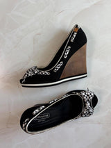 Coach US 7 Black White Monogram Canvas Wedge Sandal