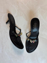 Coach US 9.5 Black Leather Thong Sandal Kitten Heel
