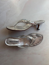 Manolo Blahnik EU 37.5 Silver Leather Thong Sandal