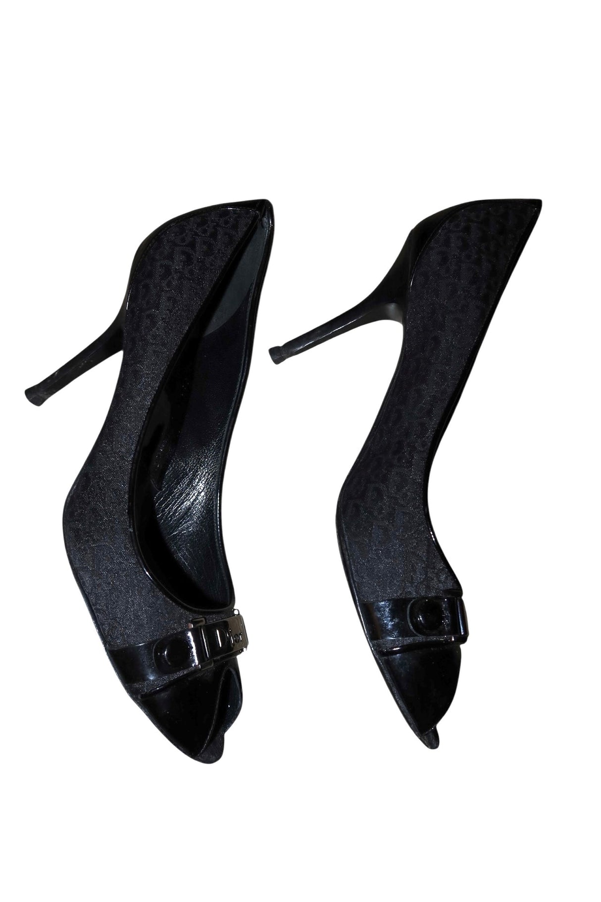 Dior black monogram peep toe heels with silver logo hardware (41)