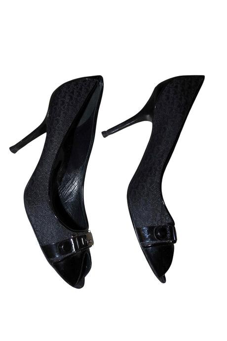 Dior black monogram peep toe heels with silver logo hardware (41)