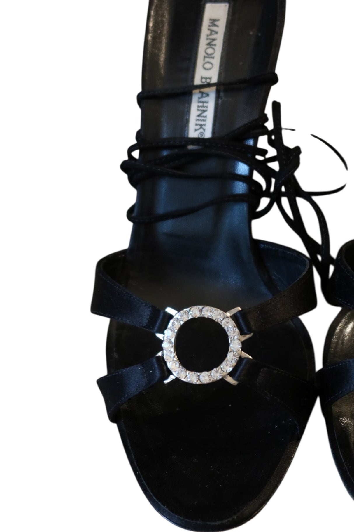 Manolo Blahnik black satin heels with crystal buckle embellishment (38.5)