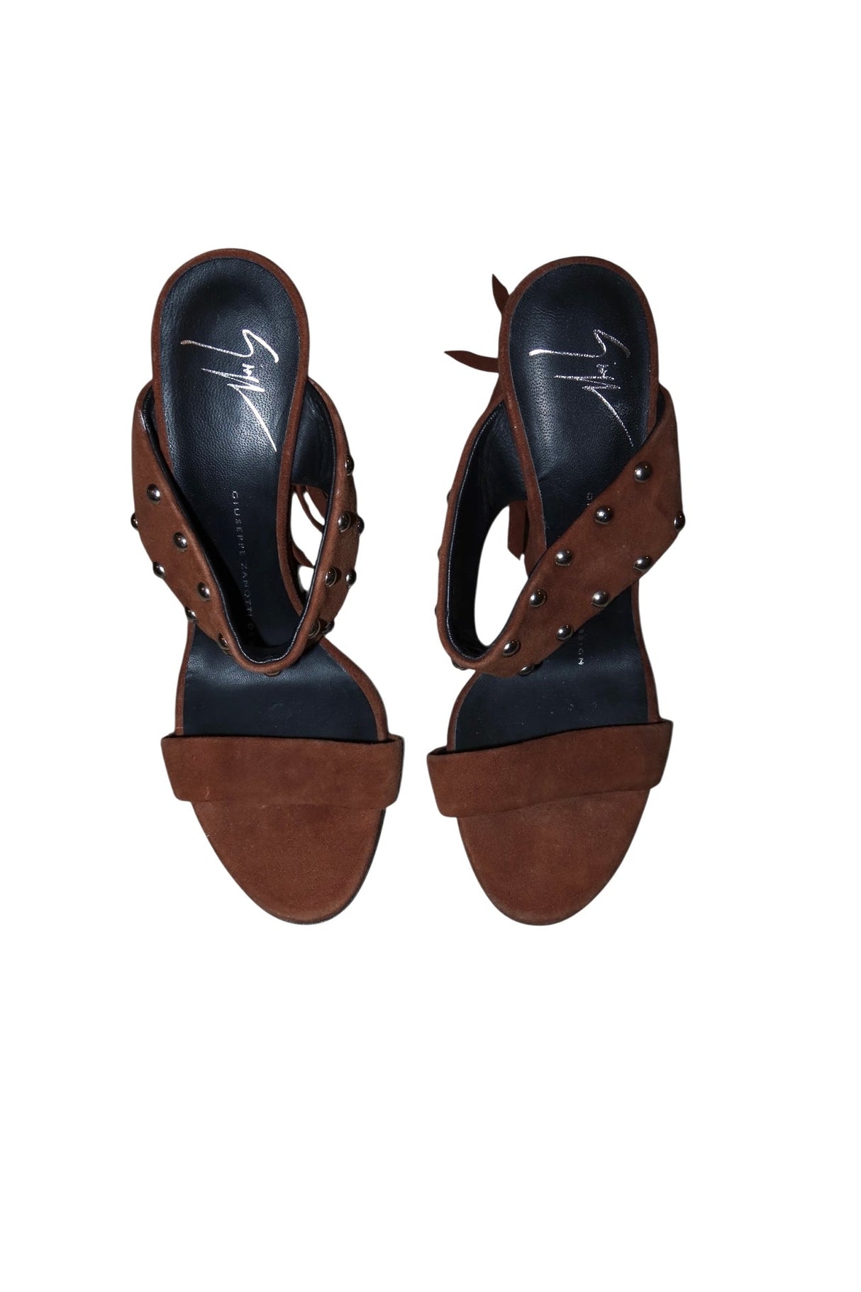 Giuseppe Zanotti brown suede heels with silver studs and fringes (35)