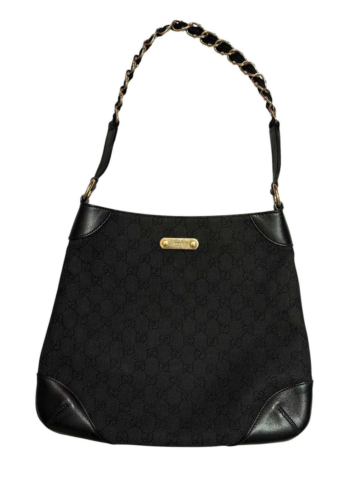 Gucci black gg canvas and leather bag with gold chains