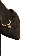Gucci black canvas GG monogram mules Tom Ford era. Gold-tone hardware, patent leather trim  (37C)