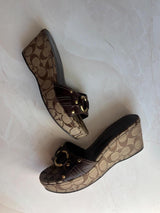 Coach US 8.5 Tan/brown Monogram Canvas Open Toe Wedge Mule