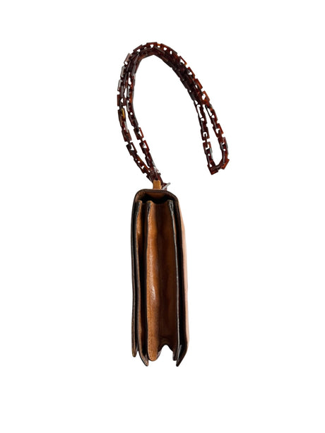 Prada brown leather messenger bag with tortoise chain