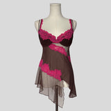 Asymmetrical mesh lace trim bra top