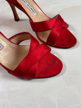 Manolo Blahnik EU 37 Cherry Red Satin Crisscross Sandal