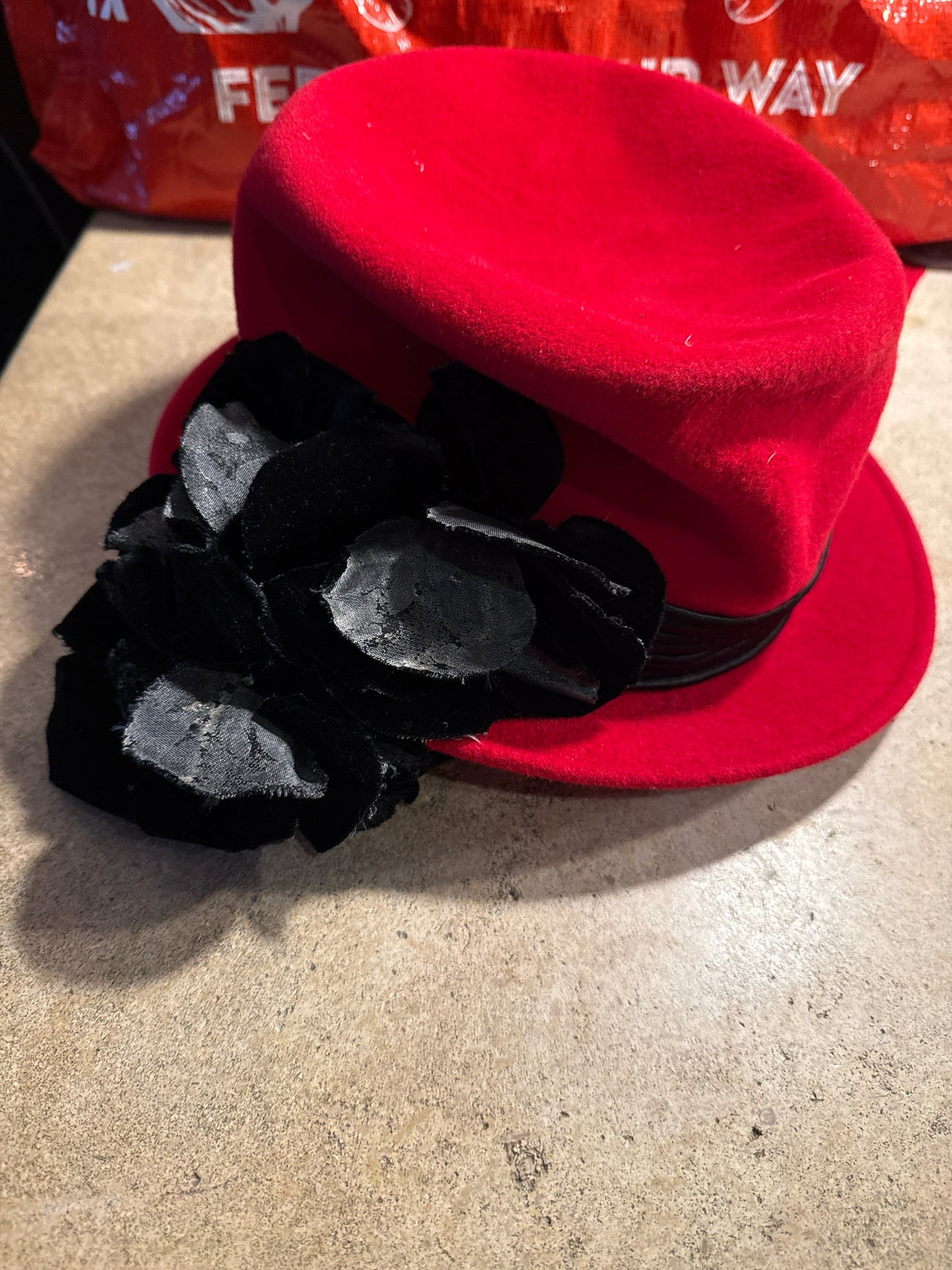 Vintage Red Wool Black Velvet Flower Hat