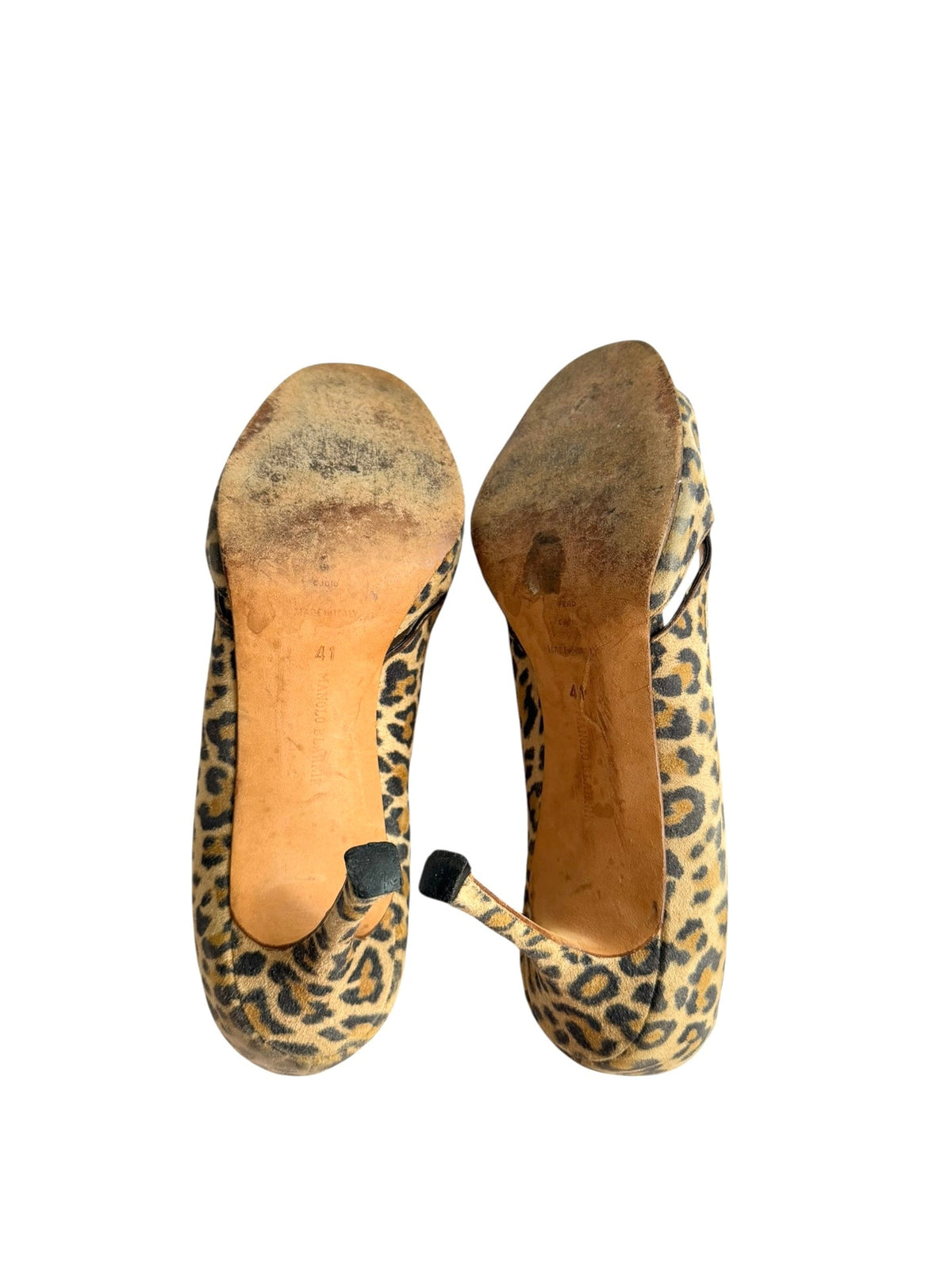 Manolo Blahnik leopard suede open toe heels with crystal flowers (41)