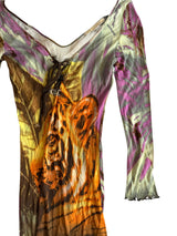 Roberto Cavalli maxi dress with tiger print and purple tones