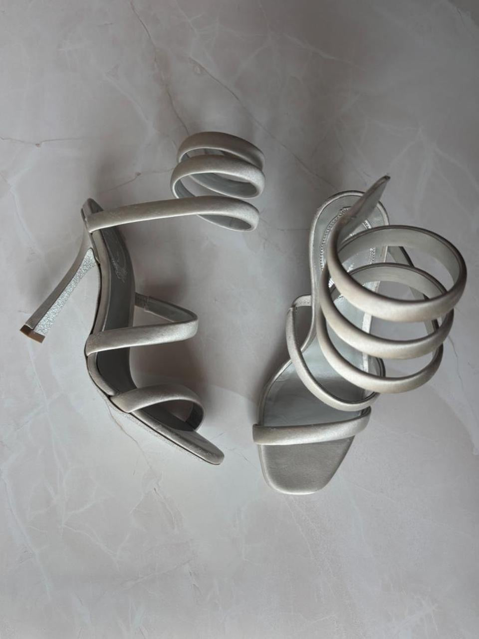 René Caovilla EU 37 Silver Satin Snake Coil Ankle Wrap Stiletto Sandal