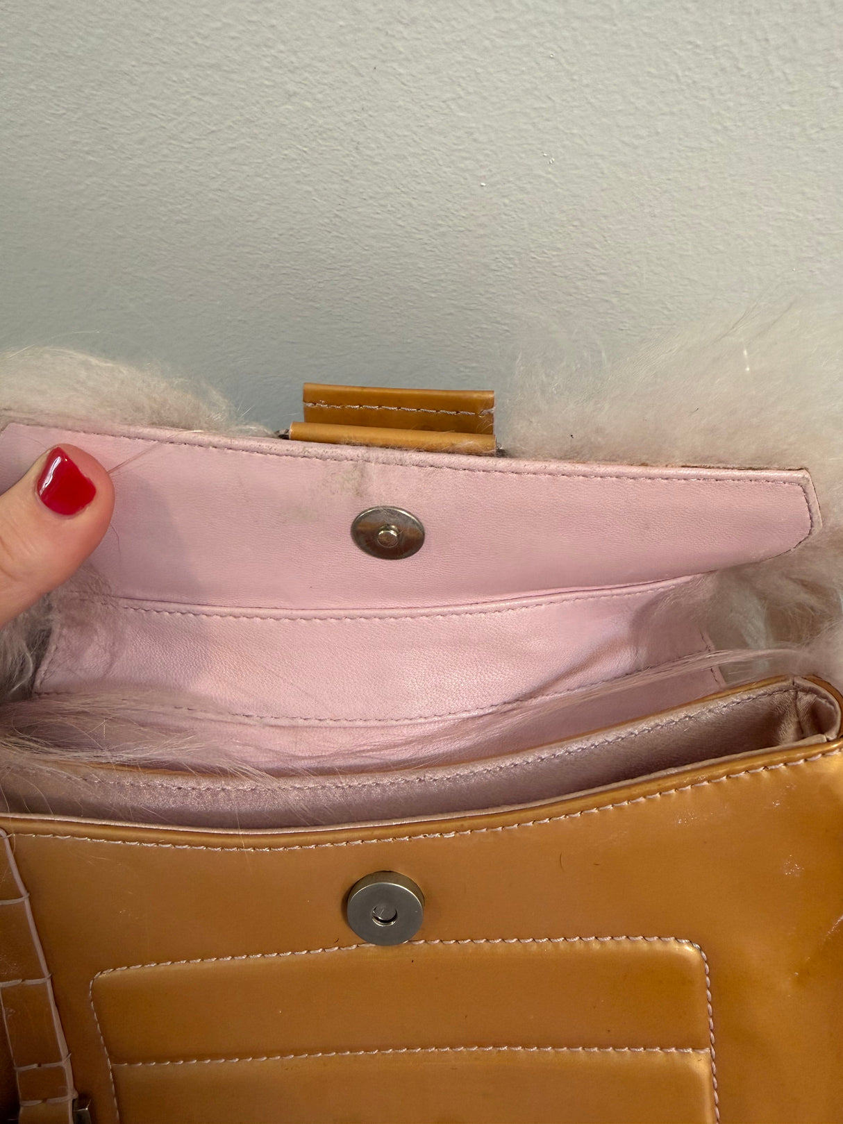 Rare Dior by John Galliano FW 2003 Pink Mongolian fur & Patent Leather Columbus Clutch - runway piece - TUV #88885