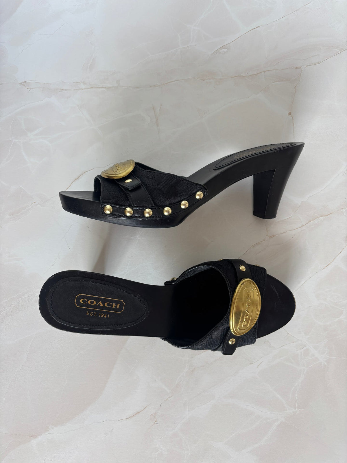 Coach US 8 Black Fabric and Leather Block Heel Mule