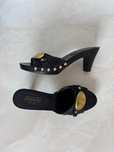 Coach US 8 Black Fabric and Leather Block Heel Mule