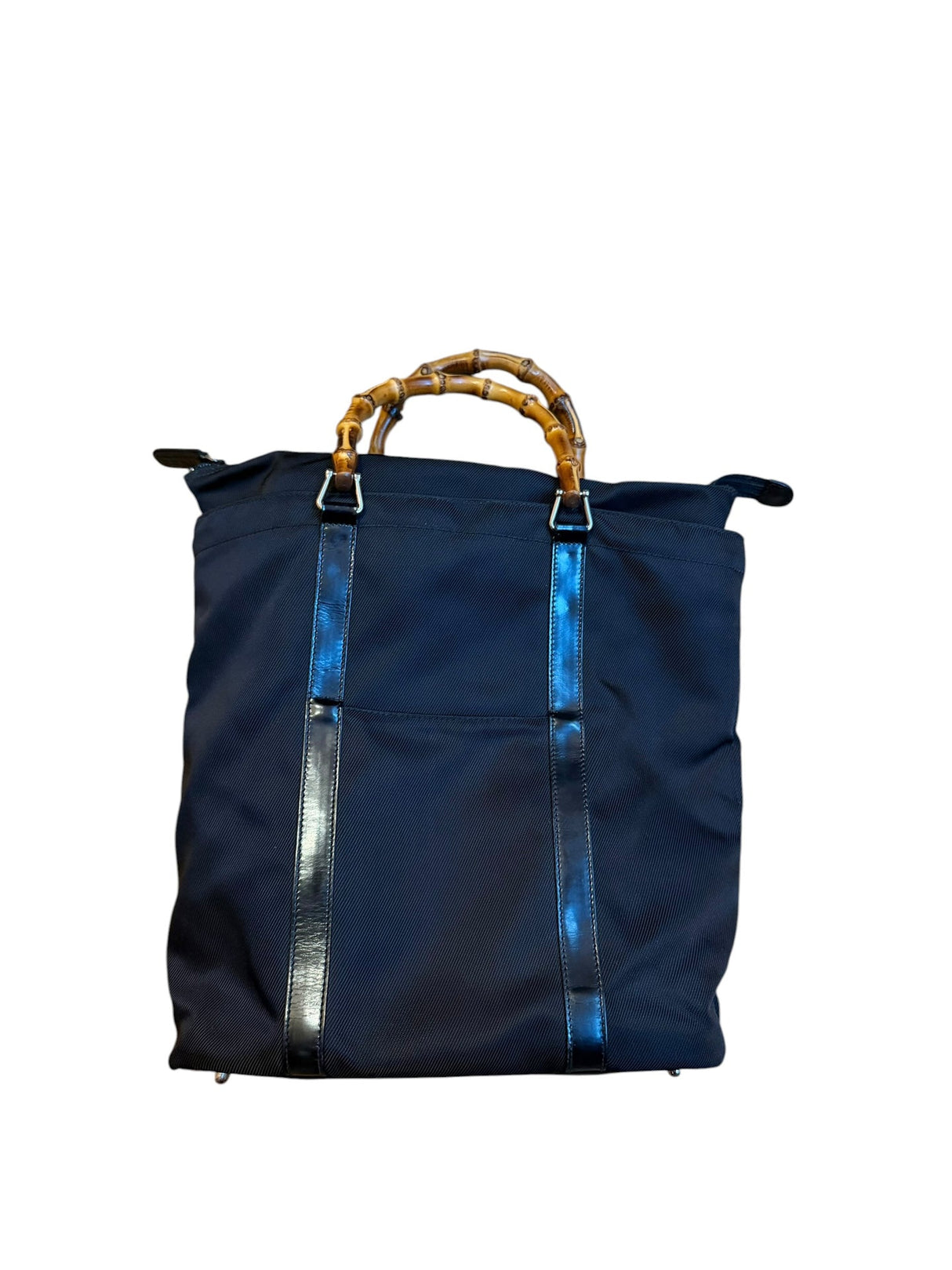 Gucci black nylon tote bag with bamboo handles