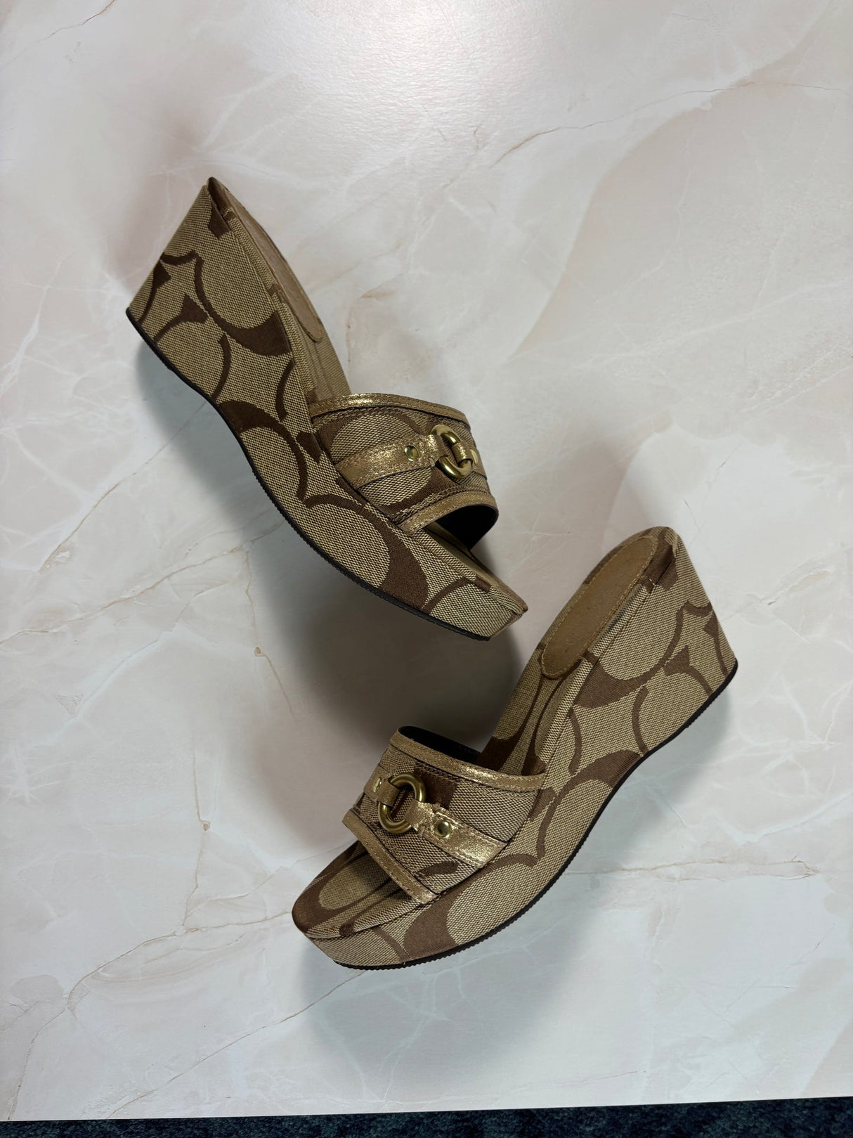 Coach US 7.5 Tan and Brown Monogram Canvas Open-toe Wedge Slide