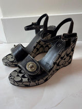 Coach US 9.5 Signature Canvas Wedge Sandal with Ankle Strap