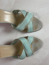 EU 36.5 Louboutin Light Blue Pleated Crisscross Mule Sandal