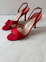 Manolo Blahnik EU 37 Cherry Red Satin Crisscross Sandal